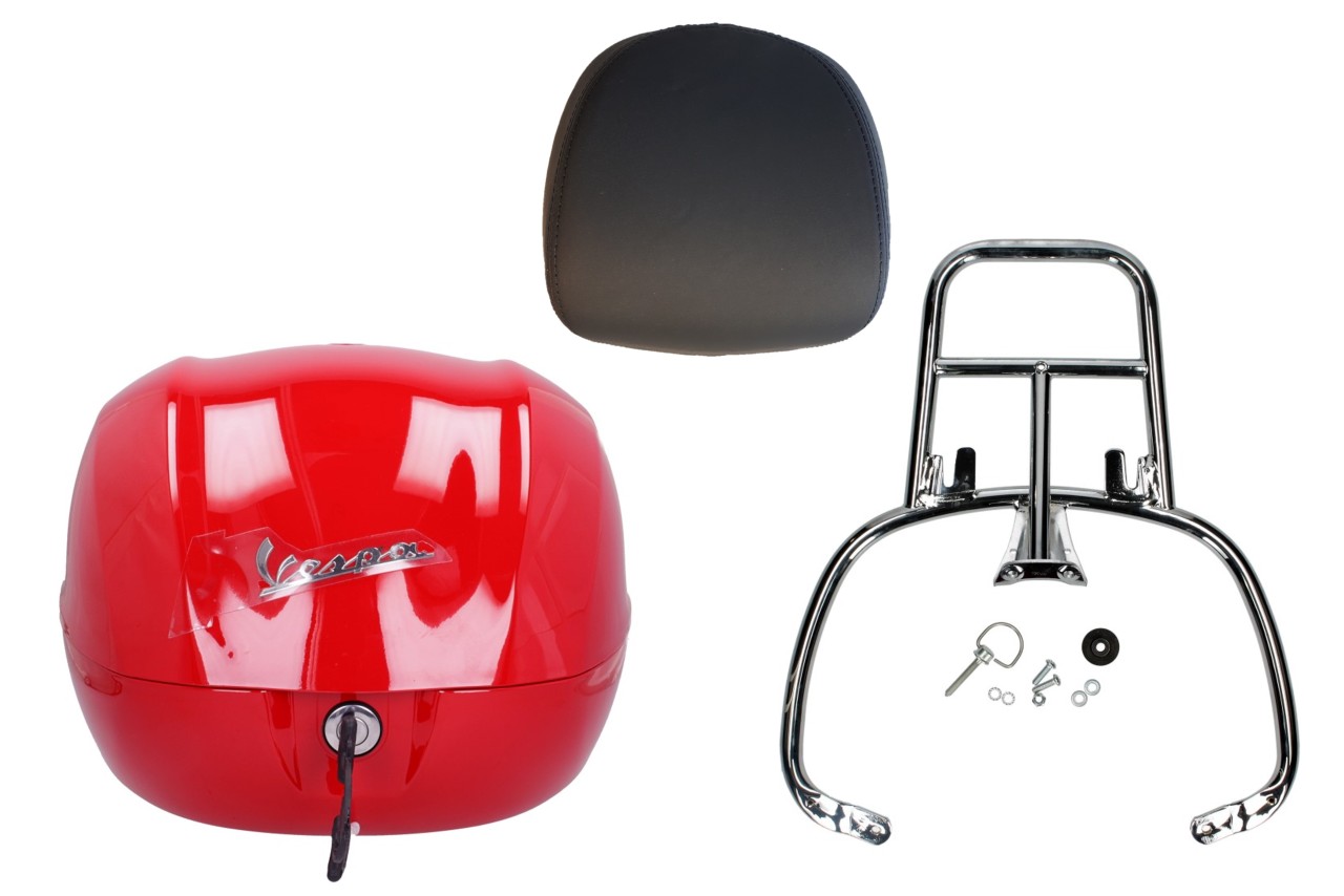 Kit bauletto 32L red dragon (894), cuscino posteriore nero per Vespa Sprint / Primavera