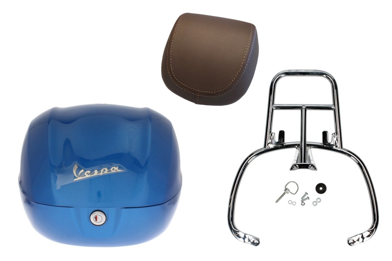 Kit bauletto 32L blu (261/A), cuscino posteriore marrone per Vespa Sprint / Primavera
