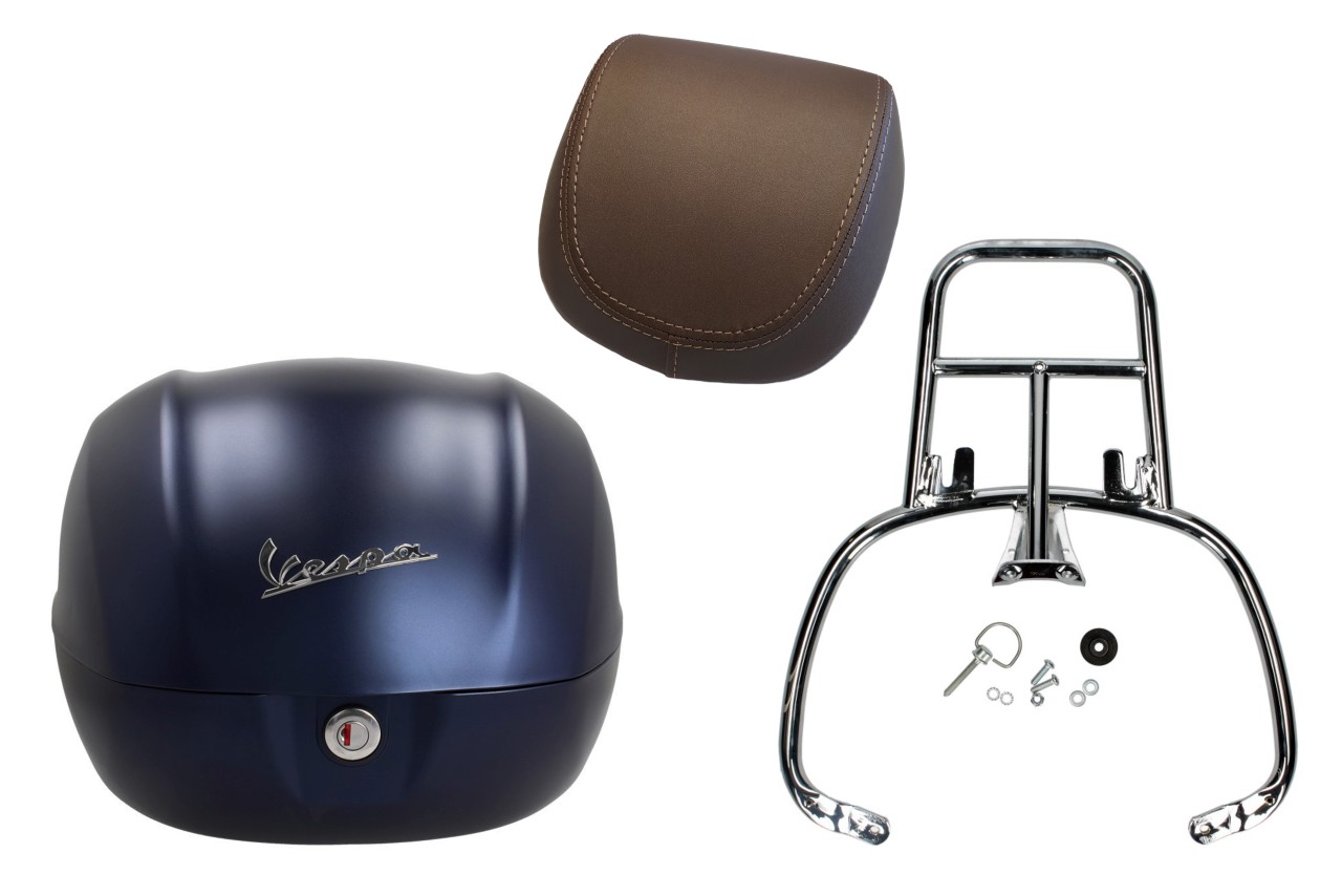 Kit bauletto 32L blu profondo opaco (288/A), cuscino posteriore marrone per Vespa Primavera