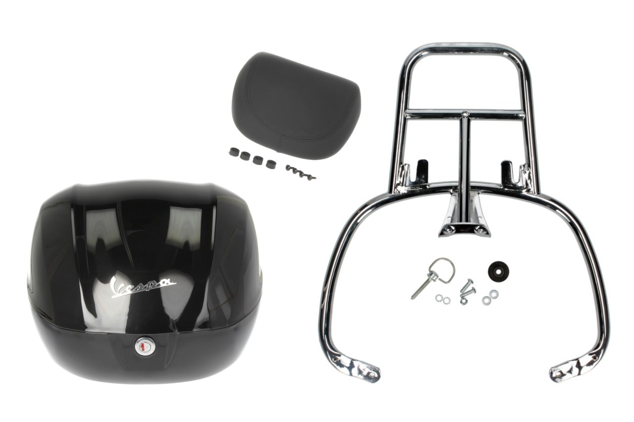 Kit bauletto 32L nero cosmo (98/A), cuscino posteriore nero per Vespa Primavera