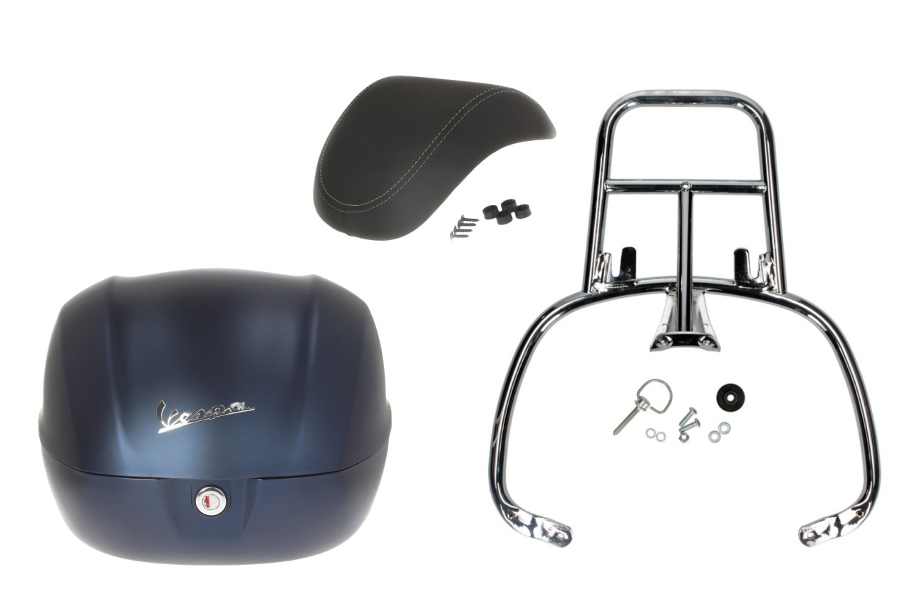 Kit bauletto 32L blu profondo opaco (288/A), cuscino posteriore nero per Vespa Primavera
