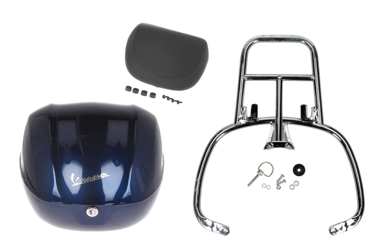 Kit bauletto 32L blu scuro (289/A), cuscino posteriore nero per Vespa Primavera