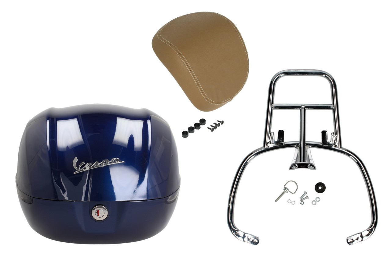 Kit bauletto 32L blu scuro (289/A), cuscino posteriore beige per Vespa Primavera